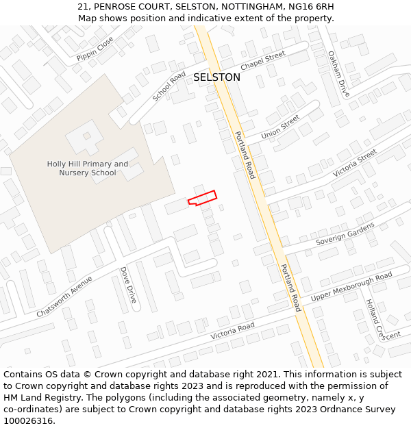 21, PENROSE COURT, SELSTON, NOTTINGHAM, NG16 6RH: Location map and indicative extent of plot