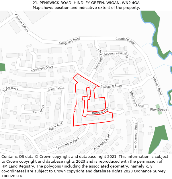 21, PENSWICK ROAD, HINDLEY GREEN, WIGAN, WN2 4GA: Location map and indicative extent of plot