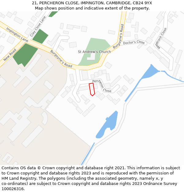 21, PERCHERON CLOSE, IMPINGTON, CAMBRIDGE, CB24 9YX: Location map and indicative extent of plot