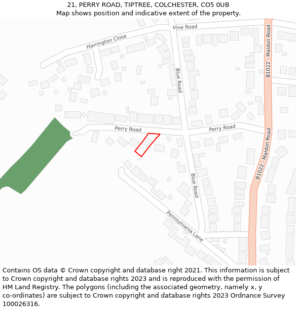21, PERRY ROAD, TIPTREE, COLCHESTER, CO5 0UB: Location map and indicative extent of plot