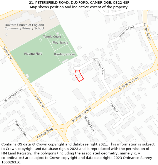 21, PETERSFIELD ROAD, DUXFORD, CAMBRIDGE, CB22 4SF: Location map and indicative extent of plot
