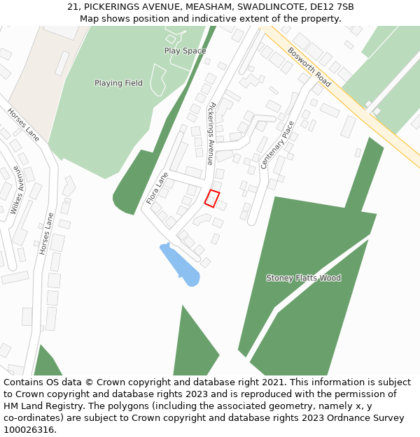 21, PICKERINGS AVENUE, MEASHAM, SWADLINCOTE, DE12 7SB: Location map and indicative extent of plot