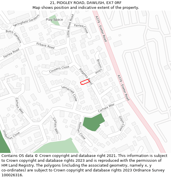 21, PIDGLEY ROAD, DAWLISH, EX7 0RF: Location map and indicative extent of plot