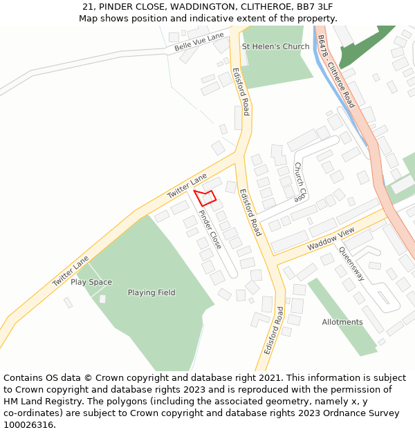 21, PINDER CLOSE, WADDINGTON, CLITHEROE, BB7 3LF: Location map and indicative extent of plot