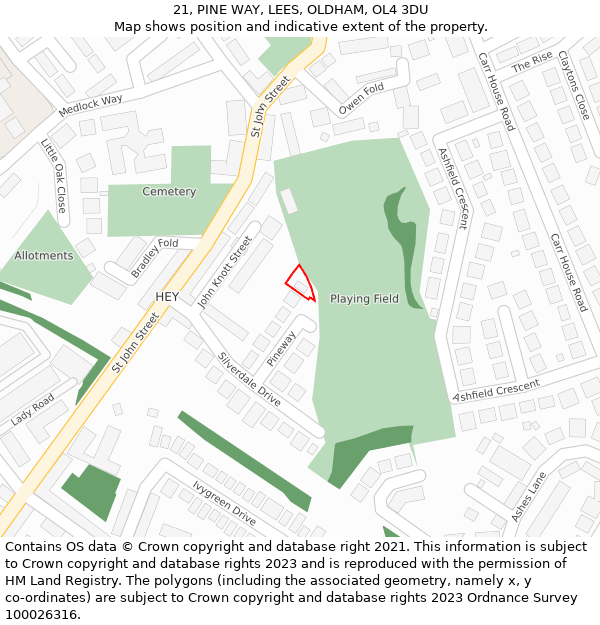 21, PINE WAY, LEES, OLDHAM, OL4 3DU: Location map and indicative extent of plot