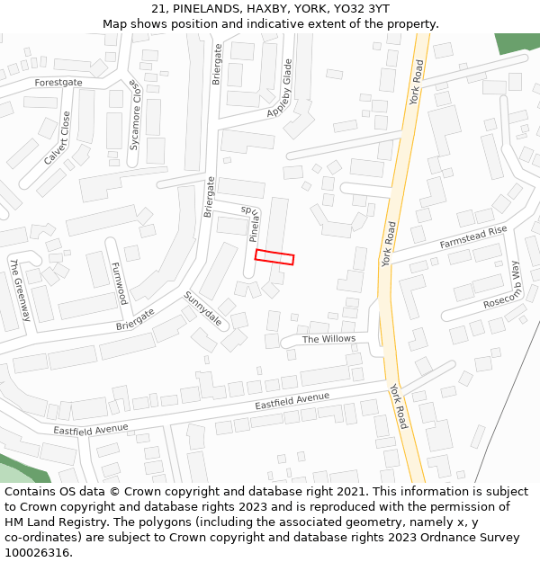 21, PINELANDS, HAXBY, YORK, YO32 3YT: Location map and indicative extent of plot