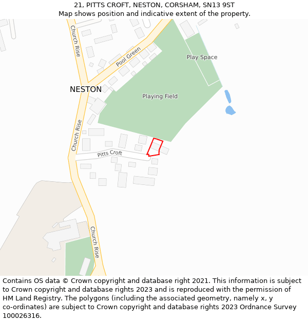 21, PITTS CROFT, NESTON, CORSHAM, SN13 9ST: Location map and indicative extent of plot
