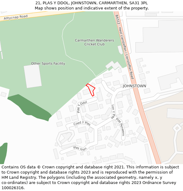 21, PLAS Y DDOL, JOHNSTOWN, CARMARTHEN, SA31 3PL: Location map and indicative extent of plot