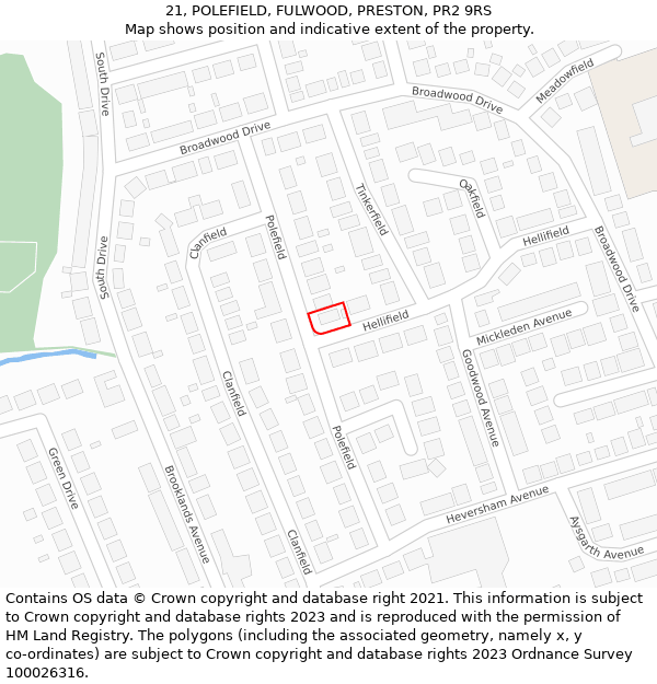 21, POLEFIELD, FULWOOD, PRESTON, PR2 9RS: Location map and indicative extent of plot