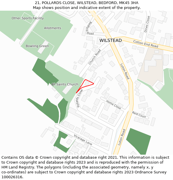 21, POLLARDS CLOSE, WILSTEAD, BEDFORD, MK45 3HA: Location map and indicative extent of plot