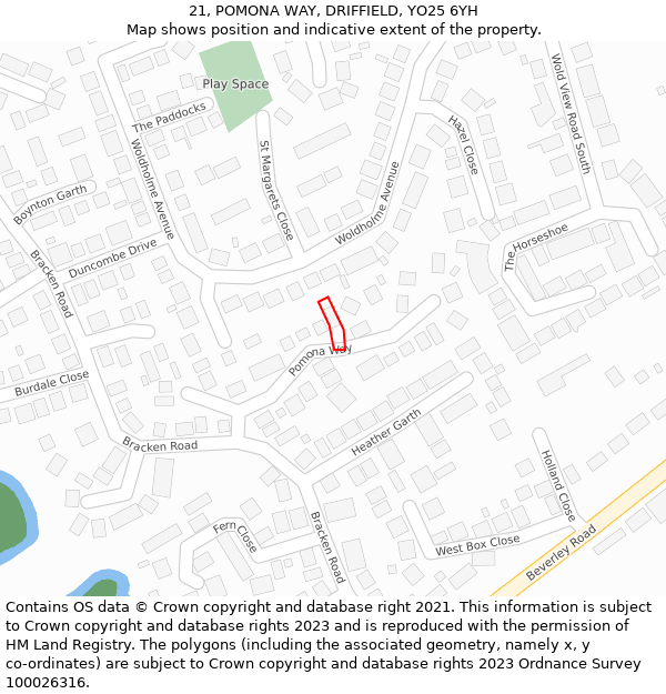 21, POMONA WAY, DRIFFIELD, YO25 6YH: Location map and indicative extent of plot