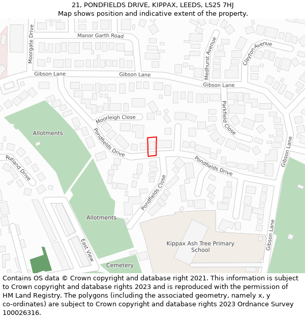 21, PONDFIELDS DRIVE, KIPPAX, LEEDS, LS25 7HJ: Location map and indicative extent of plot