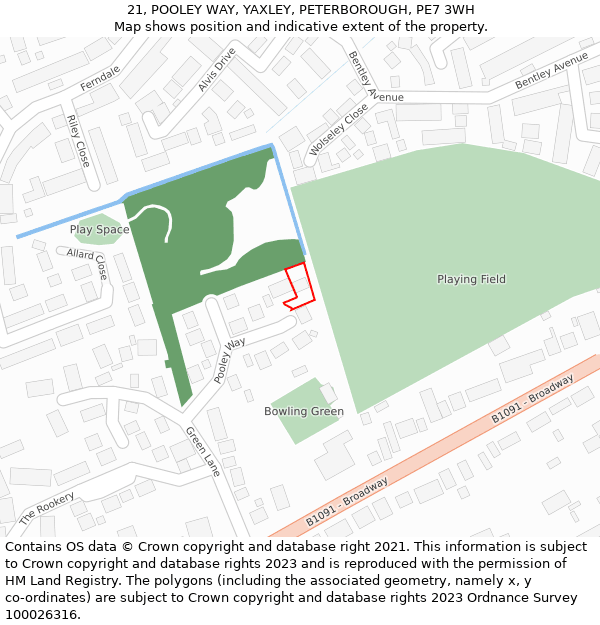 21, POOLEY WAY, YAXLEY, PETERBOROUGH, PE7 3WH: Location map and indicative extent of plot