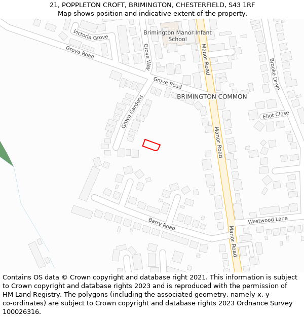 21, POPPLETON CROFT, BRIMINGTON, CHESTERFIELD, S43 1RF: Location map and indicative extent of plot