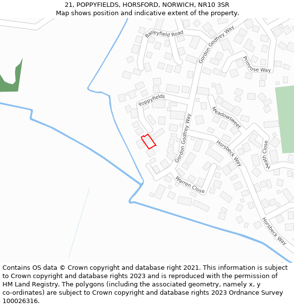 21, POPPYFIELDS, HORSFORD, NORWICH, NR10 3SR: Location map and indicative extent of plot