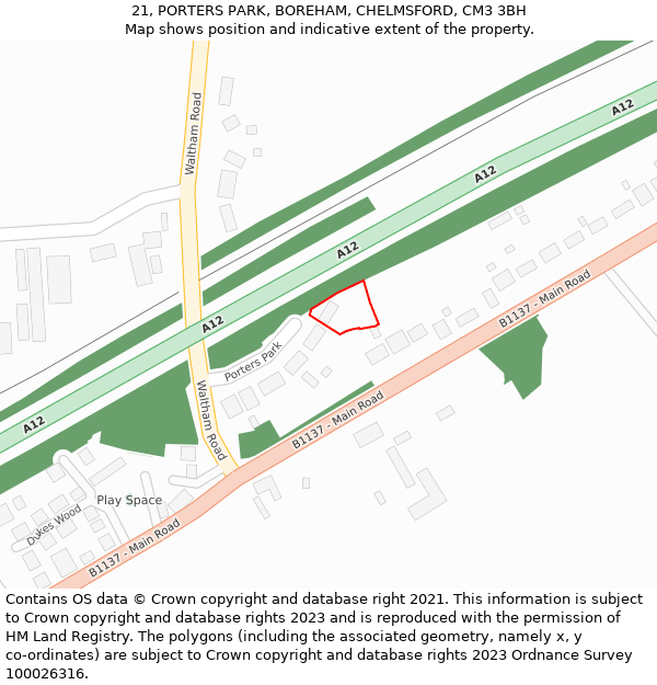 21, PORTERS PARK, BOREHAM, CHELMSFORD, CM3 3BH: Location map and indicative extent of plot