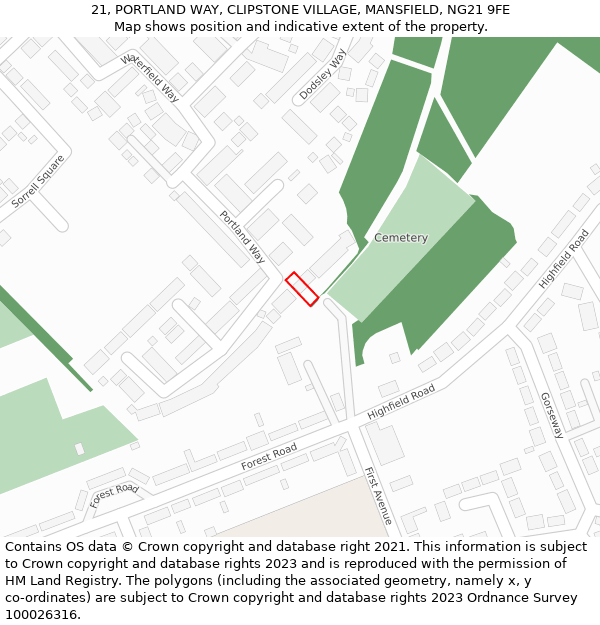 21, PORTLAND WAY, CLIPSTONE VILLAGE, MANSFIELD, NG21 9FE: Location map and indicative extent of plot