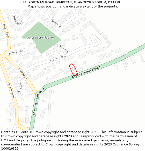 21, PORTMAN ROAD, PIMPERNE, BLANDFORD FORUM, DT11 8UJ: Location map and indicative extent of plot