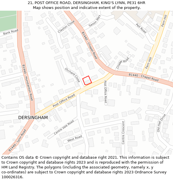 21, POST OFFICE ROAD, DERSINGHAM, KING'S LYNN, PE31 6HR: Location map and indicative extent of plot