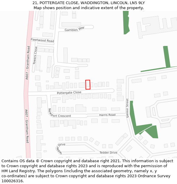 21, POTTERGATE CLOSE, WADDINGTON, LINCOLN, LN5 9LY: Location map and indicative extent of plot