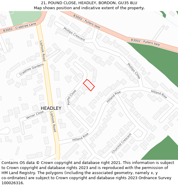 21, POUND CLOSE, HEADLEY, BORDON, GU35 8LU: Location map and indicative extent of plot