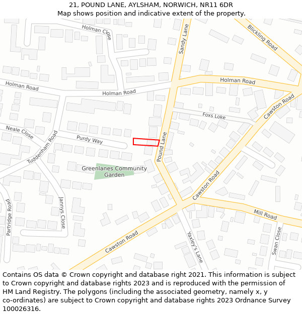 21, POUND LANE, AYLSHAM, NORWICH, NR11 6DR: Location map and indicative extent of plot