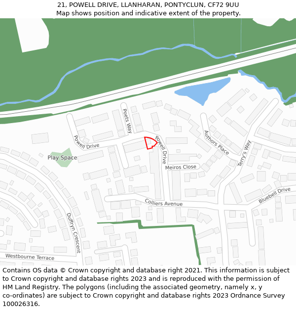 21, POWELL DRIVE, LLANHARAN, PONTYCLUN, CF72 9UU: Location map and indicative extent of plot