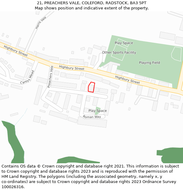 21, PREACHERS VALE, COLEFORD, RADSTOCK, BA3 5PT: Location map and indicative extent of plot