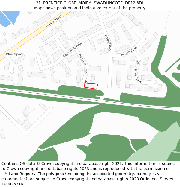 21, PRENTICE CLOSE, MOIRA, SWADLINCOTE, DE12 6DL: Location map and indicative extent of plot