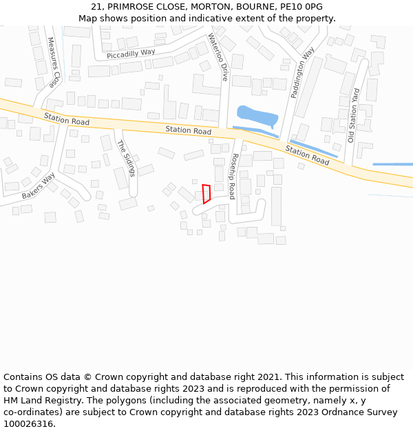 21, PRIMROSE CLOSE, MORTON, BOURNE, PE10 0PG: Location map and indicative extent of plot