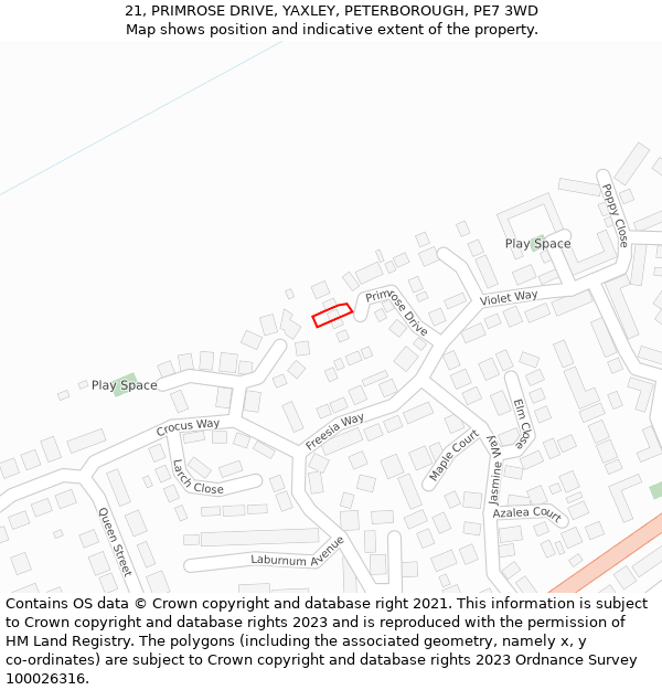 21, PRIMROSE DRIVE, YAXLEY, PETERBOROUGH, PE7 3WD: Location map and indicative extent of plot