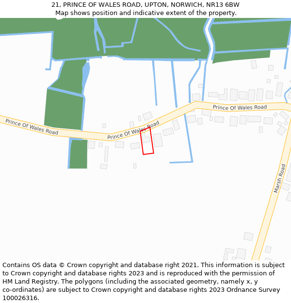 21, PRINCE OF WALES ROAD, UPTON, NORWICH, NR13 6BW: Location map and indicative extent of plot