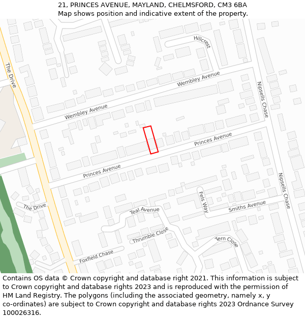 21, PRINCES AVENUE, MAYLAND, CHELMSFORD, CM3 6BA: Location map and indicative extent of plot