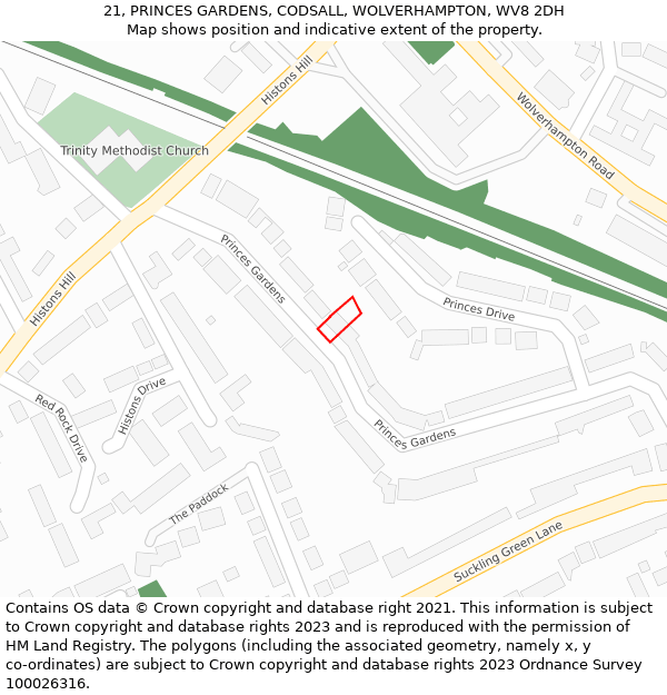 21, PRINCES GARDENS, CODSALL, WOLVERHAMPTON, WV8 2DH: Location map and indicative extent of plot