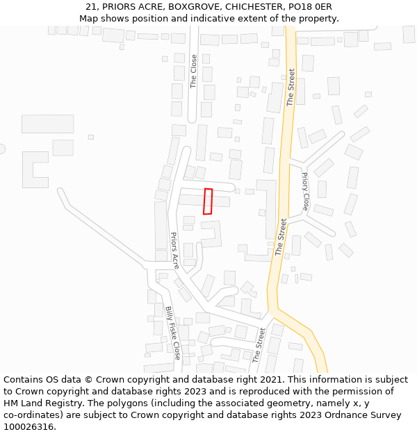 21, PRIORS ACRE, BOXGROVE, CHICHESTER, PO18 0ER: Location map and indicative extent of plot