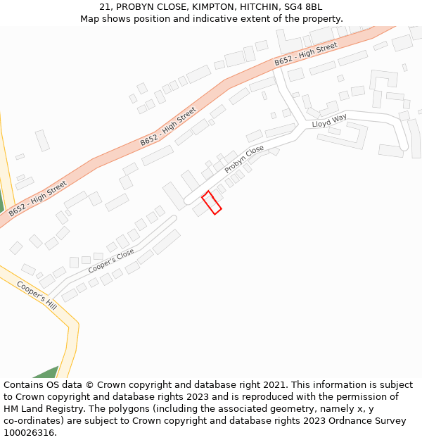 21, PROBYN CLOSE, KIMPTON, HITCHIN, SG4 8BL: Location map and indicative extent of plot