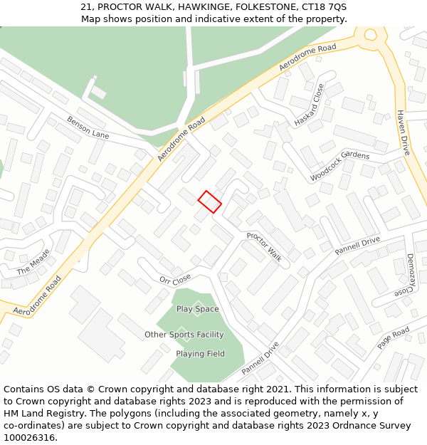 21, PROCTOR WALK, HAWKINGE, FOLKESTONE, CT18 7QS: Location map and indicative extent of plot