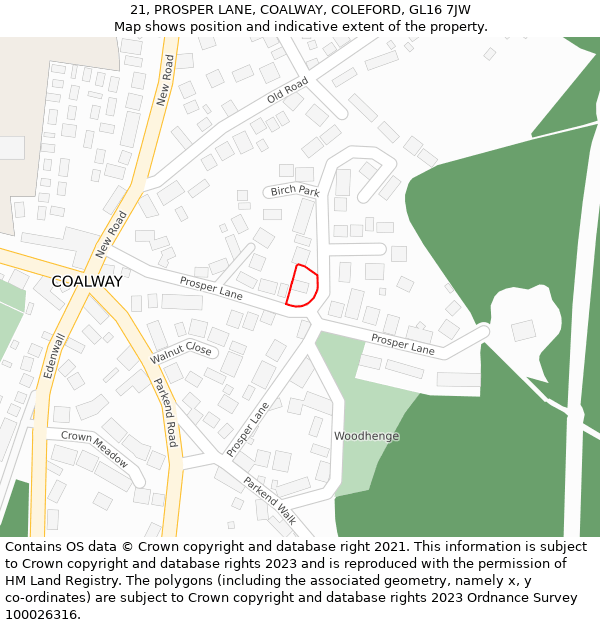 21, PROSPER LANE, COALWAY, COLEFORD, GL16 7JW: Location map and indicative extent of plot