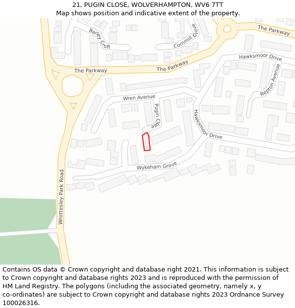 21, PUGIN CLOSE, WOLVERHAMPTON, WV6 7TT: Location map and indicative extent of plot