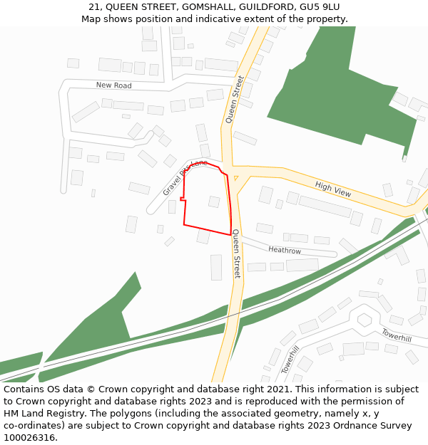 21, QUEEN STREET, GOMSHALL, GUILDFORD, GU5 9LU: Location map and indicative extent of plot