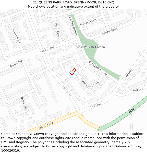 21, QUEENS PARK ROAD, SPENNYMOOR, DL16 6NQ: Location map and indicative extent of plot