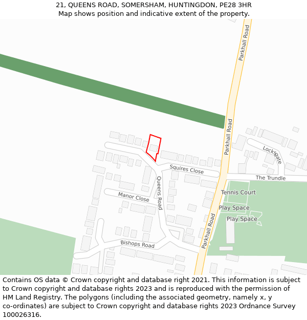 21, QUEENS ROAD, SOMERSHAM, HUNTINGDON, PE28 3HR: Location map and indicative extent of plot