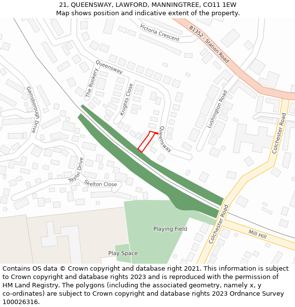 21, QUEENSWAY, LAWFORD, MANNINGTREE, CO11 1EW: Location map and indicative extent of plot