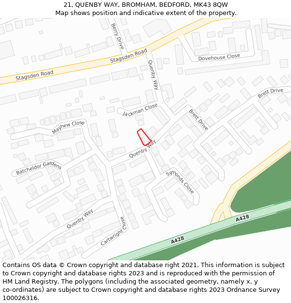 21, QUENBY WAY, BROMHAM, BEDFORD, MK43 8QW: Location map and indicative extent of plot