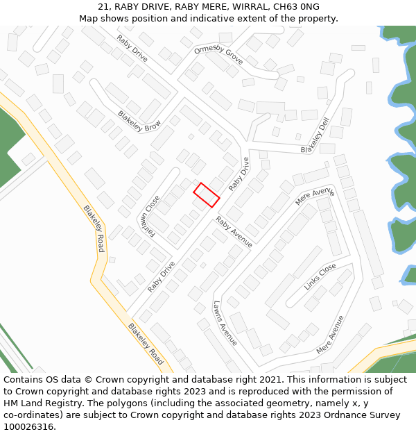 21, RABY DRIVE, RABY MERE, WIRRAL, CH63 0NG: Location map and indicative extent of plot