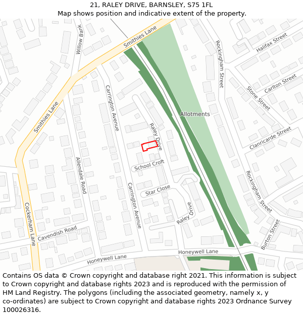 21, RALEY DRIVE, BARNSLEY, S75 1FL: Location map and indicative extent of plot