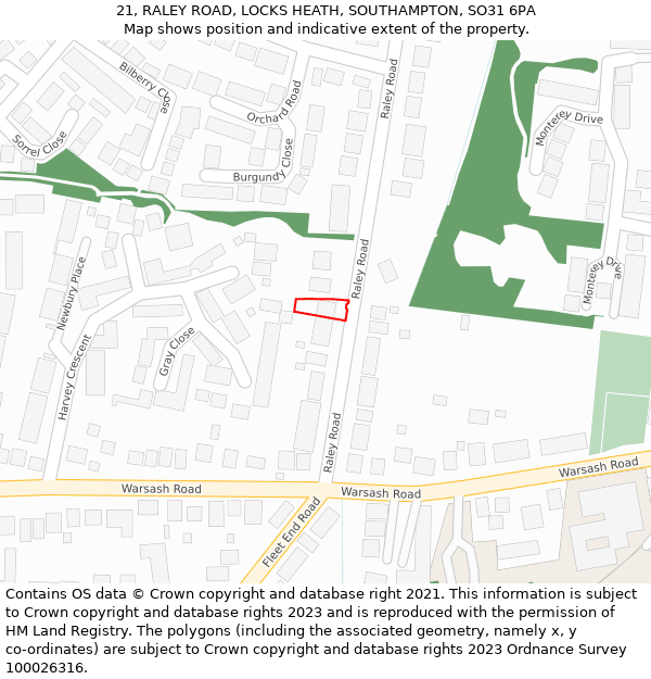 21, RALEY ROAD, LOCKS HEATH, SOUTHAMPTON, SO31 6PA: Location map and indicative extent of plot