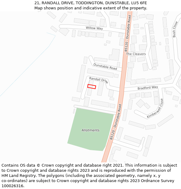 21, RANDALL DRIVE, TODDINGTON, DUNSTABLE, LU5 6FE: Location map and indicative extent of plot