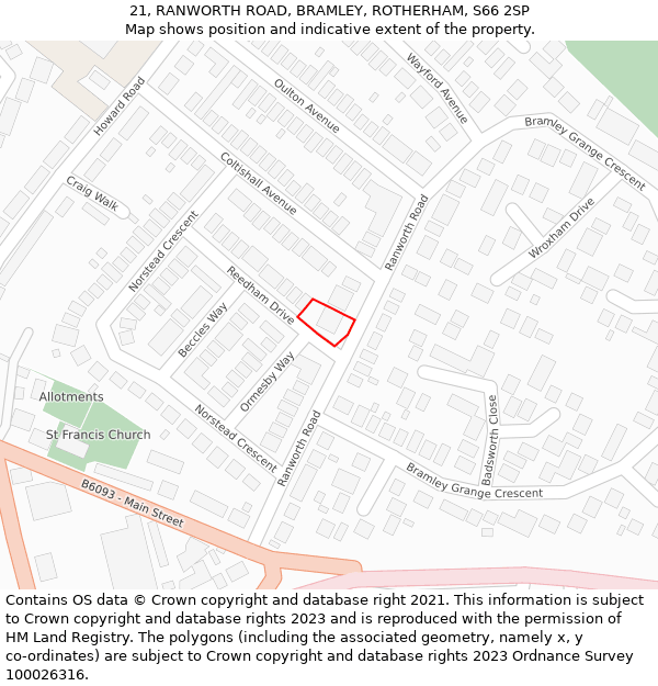 21, RANWORTH ROAD, BRAMLEY, ROTHERHAM, S66 2SP: Location map and indicative extent of plot