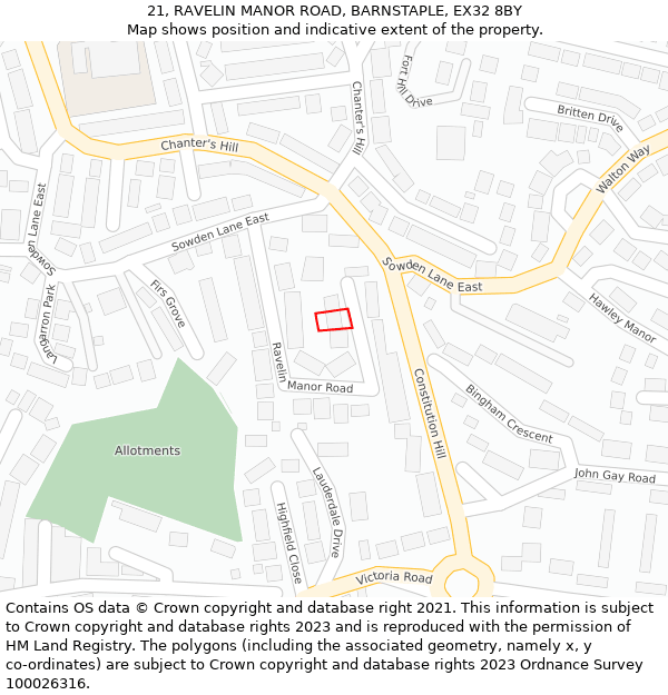 21, RAVELIN MANOR ROAD, BARNSTAPLE, EX32 8BY: Location map and indicative extent of plot